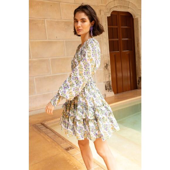 NEW Oliphant Smocked Waist V-neck Mini Dress Lupina Peri Floral Long Sleeve, S - Picture 1 of 15